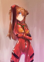 Rule 34 | 1girl, arm up, armpits, artist request, blue eyes, bodysuit, breasts, brown hair, hair between eyes, highres, long hair, looking at viewer, medium breasts, neon genesis evangelion, plugsuit, red bodysuit, shiny clothes, simple background, smile, solo, souryuu asuka langley, two side up, very long hair