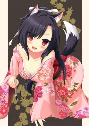 Rule 34 | 1girl, absurdres, all fours, animal ears, artist request, azur lane, bare shoulders, black hair, blush, breasts, calligraphy brush, collarbone, dog ears, dog tail, fang, fingernails, highres, japanese clothes, kimono, long hair, looking at viewer, medium breasts, nail polish, open mouth, paintbrush, red eyes, shigure (azur lane), simple background, smile, solo, tail