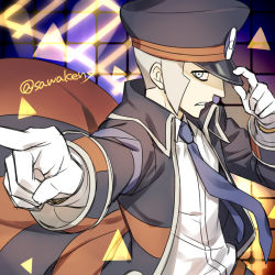 Rule 34 | 1boy, belt, black coat, black hat, brown belt, coat, collared shirt, commentary request, creatures (company), frown, game freak, gloves, grey hair, hand on headwear, hat, ingo (pokemon), kanimaru, long sleeves, male focus, necktie, nintendo, open clothes, open coat, outstretched arm, parted lips, peaked cap, pointing, pokemon, pokemon bw, shirt, short hair, sideburns, solo, upper body, white gloves, white shirt