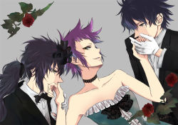 Rule 34 | 1girl, 2boys, black bow, black hair, black ribbon, bow, breasts, brown eyes, character request, choker, collarbone, d.gray-man, dress, flat chest, flower, gloves, grey background, hair ribbon, holding hands, kiss, kissing hand, long hair, looking at viewer, looking to the side, multiple boys, parted lips, ponytail, purple hair, red flower, red rose, ribbon, road kamelot, rose, short hair, simple background, sleeveless, sleeveless dress, small breasts, smile, striped clothes, striped dress, upper body, vanash, white gloves
