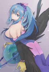 Rule 34 | 1girl, armlet, ass, back, black wings, blue eyes, blue hair, boots, breasts, claws, commentary request, crystal ball, duel monster, facing viewer, feathered wings, hair between eyes, hair rings, harpie oracle, harpy, head tilt, headpiece, highres, large breasts, leotard, light blue hair, light particles, light smile, monster girl, pink thighhighs, pointy ears, purple footwear, purple leotard, shadow, sidelocks, sparkle, strapless, strapless leotard, thigh boots, thighhighs, tsumayouji (dekosoko), tsurime, winged arms, wings, yu-gi-oh!