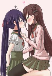 Rule 34 | 10s, 2girls, 5tb, arms behind back, bdsm, between legs, black legwear, blush, bondage, bound, brown hair, choker, ebisuzawa kurumi, eye contact, face-to-face, female focus, folded hair, from side, frown, gakkou gurashi!, girl on top, green eyes, green skirt, hair ornament, hair ribbon, hairclip, imminent kiss, long hair, looking at another, mole, mole under eye, multiple girls, pink background, pleated skirt, purple eyes, purple hair, red ribbon, ribbon, school uniform, simple background, sitting, sitting on lap, sitting on person, skirt, smile, straddling, thighhighs, twintails, upright straddle, very long hair, wakasa yuuri, yuri, zettai ryouiki