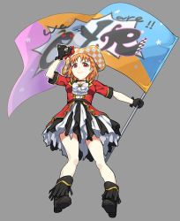 Rule 34 | &gt;:), 1girl, black footwear, black gloves, boots, bow, bowtie, braid, checkered clothes, checkered headwear, commentary request, flag, fringe trim, full body, gloves, gold trim, grey background, hand on headwear, hat, hat bow, holding, holding flag, jacket, kinmirai happy end, looking at viewer, love live!, love live! school idol festival, love live! sunshine!!, orange hair, red eyes, short hair, short sleeves, side braid, simple background, skirt, solo, takami chika, v-shaped eyebrows, waste-man, white bow, white bowtie