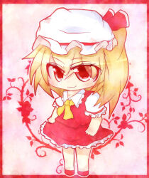 Rule 34 | 1girl, blonde hair, border, chibi, chibi only, closed mouth, collared shirt, flandre scarlet, floral background, frilled shirt collar, frilled skirt, frilled sleeves, frills, full body, guritoo (runemagurito), hat, hat ribbon, light smile, looking at viewer, medium hair, mob cap, neckerchief, one side up, pink background, puffy short sleeves, puffy sleeves, red border, red eyes, red ribbon, red skirt, red vest, ribbon, rose background, shirt, short sleeves, skirt, sleeve ribbon, solo, standing, touhou, vest, white hat, white shirt, yellow neckerchief