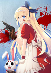 Rule 34 | 1girl, alice (alice in wonderland), alice in wonderland, angled forward grip, animal, apron, beretta 93r, blonde hair, blood, blood on face, blood splatter, blue eyes, blue hairband, blue ribbon, bow, brown gloves, burst fire gun, burst fire pistol, commentary request, dress, frilled apron, frills, gloves, grin, gun, hair between eyes, hair ribbon, hairband, handgun, holding, holding gun, holding weapon, long hair, machine pistol, maid apron, mijinko (rioriorio), pistol, puffy short sleeves, puffy sleeves, rabbit, red dress, ribbon, short sleeves, single glove, single wrist cuff, smile, solo, very long hair, weapon, white apron, white bow, wrist cuffs