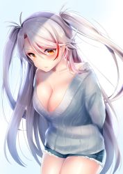 Rule 34 | 1girl, antenna hair, azur lane, bad id, bad twitter id, blue sweater, blush, breasts, brown eyes, casual, closed mouth, collarbone, cowboy shot, denim, denim shorts, hair between eyes, highres, large breasts, leaning forward, long hair, looking at viewer, loose clothes, multicolored hair, prinz eugen (azur lane), red hair, short shorts, shorts, silver hair, smile, solo, streaked hair, sweater, thighs, touwa iyo, two side up, very long hair