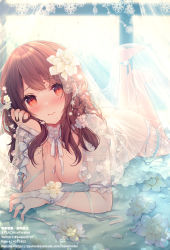 Rule 34 | 1girl, azu torako, backlighting, banned artist, blush, braid, breasts, bridal gauntlets, brown hair, cleavage, closed mouth, ear piercing, feet up, flower, hand in own hair, head tilt, indoors, jewelry, long hair, looking at viewer, lying, medium breasts, neck ribbon, on stomach, original, petals, piercing, red eyes, ribbon, ring, see-through, short sleeves, side braid, smile, solo, the pose, white flower, white ribbon, window