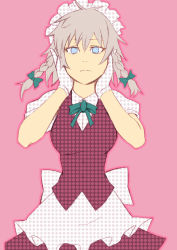 Rule 34 | 1girl, apron, blue eyes, bow, braid, female focus, gloves, hair bow, hands on own cheeks, hands on own face, izayoi sakuya, maid, maid apron, maid headdress, pink background, polka dot, polka dot background, ribbon, short hair, silver hair, simple background, solo, touhou, twin braids, unmoving pattern, yuuji (and)