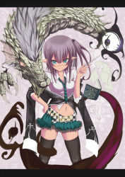 Rule 34 | 1girl, bad id, bad pixiv id, black thighhighs, book, dragon, female focus, flying paper, glasses, hand on own hip, hexagram, highres, hip focus, letterboxed, magic circle, navel, necktie, original, paper, pointy ears, purple hair, shirt, short hair, shugami, side ponytail, solo, thighhighs, white shirt