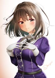 Rule 34 | 1girl, absurdres, black hair, brown eyes, chiaki (haigore), commentary request, fingers together, gloves, gradient background, haguro (kancolle), haguro kai ni (kancolle), hair ornament, highres, kantai collection, looking at viewer, military, military uniform, one-hour drawing challenge, short hair, smile, solo, twitter username, uniform, upper body, white background, white gloves