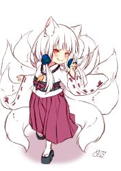 Rule 34 | 1girl, animal ear fluff, animal ears, bead necklace, beads, black footwear, brown eyes, brown hakama, chita (ketchup), commentary request, fox ears, fox girl, fox shadow puppet, fox tail, full body, grin, hakama, hakama skirt, hand up, heterochromia, highres, japanese clothes, jewelry, kimono, kitsune, kyuubi, long hair, long sleeves, looking at viewer, miko, multiple tails, necklace, obi, original, platform footwear, red eyes, ribbon-trimmed sleeves, ribbon trim, sandals, sash, shadow, signature, skirt, sleeves past wrists, smile, socks, solo, standing, tail, white background, white hair, white kimono, white socks, wide sleeves, zouri