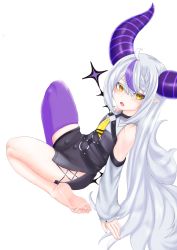 Rule 34 | 1girl, absurdres, bare shoulders, barefoot, demon girl, demon horns, demon tail, fang, feet, highres, hololive, horns, la+ darknesss, long hair, looking at viewer, multicolored hair, open mouth, pointy ears, silver hair, soles, solo, streaked hair, tail, thighs, toes, virtual youtuber, yellow eyes