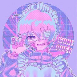 Rule 34 | 1boy, apron, bandages, bandaid, bandaid on cheek, bandaid on face, bandaid on neck, blush, commentary, decora, english commentary, english text, eyepatch, game over, jacket, looking at viewer, medical eyepatch, open mouth, original, pastel colors, purple hair, purple theme, retro artstyle, short hair, simple background, solo, track jacket, yami kawaii, yume kawaii, yumemixxxxx