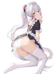 Rule 34 | 1girl, absurdres, alternate costume, apron, artist request, ass, ayaka (genshin impact), blush, breasts, cameltoe, crotch seam, dress, from behind, genshin impact, headdress, highres, kneeling, long hair, looking at viewer, looking back, maid, maid apron, maid headdress, medium breasts, mole, mole under eye, panties, ponytail, shiny skin, sideboob, skirt, smile, solo, thighhighs, thighs, underwear, upskirt, very long hair, white eyes, white hair, white thighhighs