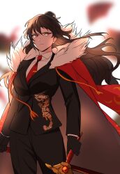 Rule 34 | 1girl, black gloves, black jacket, black pants, breasts, closed mouth, coat, coat on shoulders, collared shirt, cowboy shot, fur-trimmed coat, fur trim, gloves, gold trim, hair bun, highres, holding, holding polearm, holding sword, holding weapon, jacket, jajeon liu, large breasts, library of ruina, long sleeves, necktie, pants, polearm, project moon, red coat, red eyes, red necktie, shirt, simple background, sword, tassel, weapon, white shirt, xiao (project moon)
