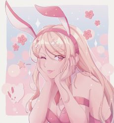 Rule 34 | 1girl, akamatsu kaede, animal ears, bare shoulders, blue background, breasts, cheer (cheerpuppy14), cleavage, danganronpa (series), danganronpa v3: killing harmony, fake animal ears, floral background, fortissimo, hair ornament, hands up, highres, large breasts, leotard, musical note, musical note hair ornament, nail polish, official alternate costume, one eye closed, pink background, pink eyes, pink leotard, pink nails, rabbit, solo, sticker, tongue, tongue out, upper body