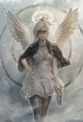 Rule 34 | 1girl, angel wings, bespectacled, black pantyhose, blue eyes, breasts, casual, cleavage, cross, cross necklace, dress, feathered wings, glasses, gun, halo, hand on own hip, handgun, high ponytail, highres, jacket, jacket on shoulders, jewelry, leather, leather jacket, lips, long hair, mercy (overwatch), necklace, overwatch, overwatch 1, pantyhose, silver hair, smile, solo, sunglasses, weapon, white dress, wings, xion
