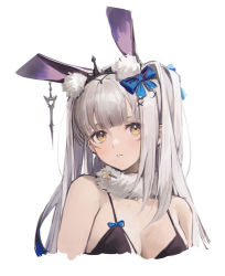 Rule 34 | 1girl, animal ears, bare shoulders, blush, bow, bra, breasts, brown hair, cleavage, crown, douya (233), flower, fur collar, fur trim, hair bow, hair ornament, kaavi, long hair, looking at viewer, mahjong soul, medium breasts, open mouth, rabbit ears, simple background, solo, standing, underwear, upper body, white background, white hair