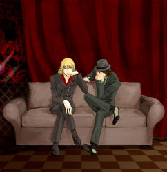 Rule 34 | 10s, 2boys, barnaby brooks jr., blonde hair, brown eyes, brown hair, couch, facial hair, fedora, formal, glasses, green eyes, hand on another&#039;s chin, hand on own chin, hat, crossed legs, male focus, multiple boys, short hair, sitting, stubble, suit, tiger &amp; bunny, zaku-ro