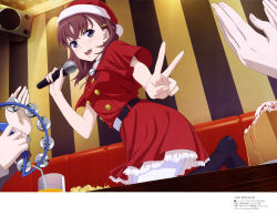 Rule 34 | 1girl, absurdres, asymmetrical hair, belt, black footwear, blush, boots, breasts, brown hair, brown shirt, cake, clapping, couch, dress, food, fruit, grey jacket, hair ornament, hat, highres, holding, holding microphone, indoors, instrument, instrument request, jacket, juice, just because!, karaoke, large breasts, looking at viewer, megami deluxe, microphone, music, nail polish, natsume mio, official art, orange juice, pantyhose, petticoat, pink nails, purple eyes, red dress, red hat, sakano hikari, santa costume, santa hat, shirt, singing, smile, speaker, strawberry, table, teeth, v, white pantyhose