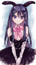 Rule 34 | 1girl, alternate costume, animal ears, bare shoulders, black dress, blue eyes, bow, bowtie, breasts, cleavage, closed mouth, danganronpa: trigger happy havoc, danganronpa (series), detached collar, dress, elbow gloves, fake animal ears, gloves, grey gloves, hair ornament, hairclip, highres, large breasts, maizono sayaka, pink bow, pink bowtie, rabbit ears, smile, solo, strapless, strapless dress, yuma (yumachansan)