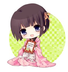 Rule 34 | 1girl, :d, bad id, bad pixiv id, black hair, book, chibi, fang, female focus, french text, ikoku meiro no croisee, japanese clothes, kimono, open mouth, short hair, smile, solo, text focus, translated, yukimiya (parupunta), yune (ikoku meiro no croisee)