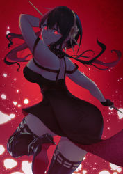 Rule 34 | 1girl, absurdres, amakumo517, black dress, boots, dagger, dress, earrings, gold earrings, gold hairband, hairband, high heels, highres, jewelry, knife, looking at viewer, red background, red eyes, short hair with long locks, solo, spy x family, stiletto (weapon), thigh boots, two-sided dress, two-sided fabric, weapon, yor briar