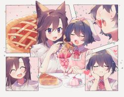 Rule 34 | 2girls, :d, :o, absurdres, blush, closed eyes, comic, fang, fangs, feeding, food, fruit, hand on own cheek, hand on own face, hands on own face, haruwaka 064, highres, imaizumi kagerou, inaba tewi, multiple girls, open mouth, parfait, pastry, short hair, smile, strawberry, touhou, yuri