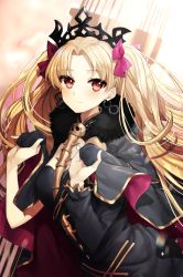 Rule 34 | 1girl, asymmetrical sleeves, bad id, bad pixiv id, black cape, black dress, blonde hair, blush, bow, breasts, cape, cleavage, closed mouth, commentary request, dress, earrings, ereshkigal (fate), fate/grand order, fate (series), fur collar, gambe, hair bow, highres, infinity symbol, jewelry, long hair, long sleeves, looking at viewer, medium breasts, multicolored cape, multicolored clothes, parted bangs, purple bow, purple cape, red eyes, single sleeve, skull, smile, solo, spine, tiara, tohsaka rin, two side up, uneven sleeves, very long hair