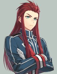 Rule 34 | 1boy, asch (tales), blue jacket, closed mouth, cropped torso, crossed arms, frown, gloves, green eyes, grey background, isa (peien516), jacket, long hair, long sleeves, male focus, military, military jacket, military uniform, red hair, simple background, solo, straight hair, tales of (series), tales of the abyss, uniform, upper body, very long hair, white gloves