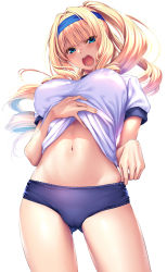 Rule 34 | 1girl, blonde hair, blue eyes, blush, breasts, buruma, clothes lift, embarrassed, hanikami kanojo, highres, large breasts, lifting own clothes, long hair, looking at viewer, navel, open mouth, piromizu, ponytail, shirt lift, short sleeves, shoudou erena, sidelocks, solo, stomach, stomach day, thighs