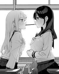 Rule 34 | 2girls, blush, breasts, byte (allbyte), commentary, desk, eye contact, food, greyscale, highres, indoors, large breasts, long hair, looking at another, medium breasts, monochrome, mouth hold, multiple girls, original, pleated skirt, pocky, pocky kiss, school desk, school uniform, serafuku, shared food, sidelocks, sitting, skirt, sweatdrop, window, yuri