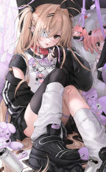 Rule 34 | 1girl, :p, antenna hair, black footwear, black jacket, blouse, blush, brown eyes, collar, ear piercing, eyepatch, hair between eyes, hair intakes, hair ornament, hairclip, highres, jacket, kneeling, long hair, long sleeves, looking at viewer, mole, mole under eye, neck bell, open clothes, open jacket, original, piercing, red collar, shirt, single thighhigh, sitting, solo, stuffed animal, stuffed toy, thigh strap, thighhighs, tongue, tongue out, twintails, unxi, very long hair, white shirt