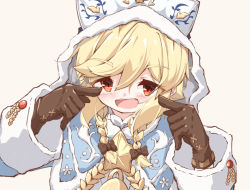 Rule 34 | 1girl, :d, blonde hair, blue capelet, blush, bow, braid, brown background, brown bow, brown gloves, capelet, girls&#039; frontline, gloves, hair between eyes, hair bow, hands up, hood, hood up, hooded capelet, long hair, long sleeves, looking at viewer, matsuo (matuonoie), nagant revolver (girls&#039; frontline), open mouth, red eyes, simple background, smile, solo, star (symbol), teeth, twin braids, upper body, upper teeth only