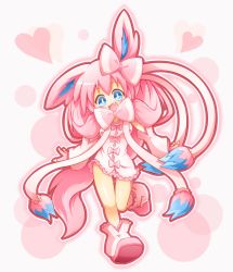 Rule 34 | 1girl, bare legs, blue eyes, blush, bow, detached sleeves, fang, fingerless gloves, gloves, hair ornament, long hair, looking at viewer, neru (neruneruru), open mouth, personification, pink hair, pokemon, ribbon, smile, solo, sylveon