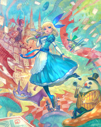 Rule 34 | 2girls, :d, aircraft, alice (alice in wonderland), alice in wonderland, arm garter, blonde hair, blue bow, blue dress, blue footwear, blue legwear, blue sky, bottle, bow, breath weapon, breathing fire, buttons, cane, card, castle, cat, cheshire cat (alice in wonderland), closed eyes, cloud, coattails, crown, dirigible, dress, drinking, facial hair, fantasy, fire, flipped hair, frilled dress, frills, from below, green hat, green jacket, green shirt, grin, hair bow, hat, heart, high collar, highres, holding, holding bottle, jabberwock (wonderland), jacket, lack, long hair, long sleeves, looking away, mad hatter (alice in wonderland), march hare (wonderland), mary janes, multiple girls, mushroom, mustache, necktie, no nose, open hand, open mouth, playing card, pocket watch, polearm, puffy sleeves, queen of hearts (alice in wonderland), rabbit, red eyes, red nose, shirt, shoes, sitting, sky, smile, smoking pipe, spear, staff, striped, surreal, table, top hat, vertical stripes, waistcoat, watch, weapon, white rabbit (alice in wonderland), wind, yellow eyes, yellow jacket