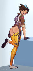 Rule 34 | 1girl, anus, artist name, ass, brown hair, cleft of venus, from behind, gloves, goggles, highres, jacket, leg up, looking back, open mouth, overwatch, overwatch 1, parted lips, povy, pussy, short hair, solo, spiked hair, teeth, tracer (overwatch), uncensored, union jack, upper teeth only
