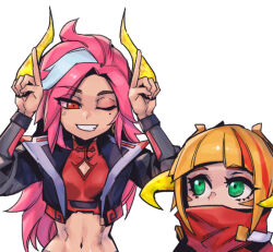 Rule 34 | 2girls, ;d, annie (league of legends), black jacket, blonde hair, breasts, green eyes, grey hair, grin, hands up, horns, index finger raised, jacket, league of legends, looking at another, lunar beast annie, lunar beast miss fortune, medium breasts, miss fortune (league of legends), mole, mole under eye, multicolored hair, multiple girls, navel, official alternate costume, one eye closed, open clothes, open jacket, open mouth, phantom ix row, pink hair, red hair, red scarf, scarf, simple background, smile, stomach, streaked hair, teeth, upper body, white background