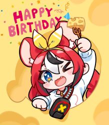 Rule 34 | &gt; o, 1girl, ;d, animal ears, arm up, black hair, blue eyes, cheese, chibi, commentary, english commentary, fang, fanny pack, food, fork, hair between eyes, hair ribbon, hairband, hakos baelz, happy birthday, highres, holding, holding fork, hololive, hololive english, key, kutata, long hair, long sleeves, looking at viewer, mouse ears, multicolored hair, one eye closed, open mouth, puffy long sleeves, puffy sleeves, red hair, ribbon, shirt, smile, solo, strawberry baelz, streaked hair, virtual youtuber, white hair, white shirt, yellow hairband, yellow ribbon
