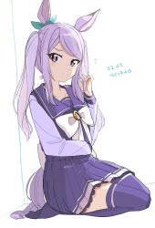 Rule 34 | alternate hairstyle, animal ears, blush, collarbone, commentary request, highres, horse ears, horse girl, horse tail, long hair, mejiro mcqueen (umamusume), purple hair, school uniform, seiza, simple background, sitting, solo, tail, thighhighs, tracen school uniform, twintails, twintails day, ueshita, umamusume, white background