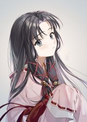 Rule 34 | 1girl, air (visual novel), almic, aqua eyes, beige background, bell, black hair, closed mouth, commentary request, gradient background, grey background, hair bell, hair ornament, hair ribbon, hands up, highres, japanese clothes, kannabi no mikoto, kimono, light blush, long hair, long sleeves, looking at viewer, looking to the side, parted bangs, pink kimono, red ribbon, ribbon, sidelocks, sleeves past fingers, sleeves past wrists, solo, upper body, wide sleeves