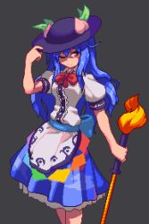 Rule 34 | 1girl, black background, black hat, blue hair, blue skirt, bow, bowtie, closed mouth, collared shirt, food, fruit, hand on headwear, hat, hinanawi tenshi, holding, holding sword, holding weapon, leaf, long hair, one eye closed, peach, pixel art, potemki11, puffy short sleeves, puffy sleeves, red bow, red bowtie, red eyes, shirt, short sleeves, simple background, skirt, solo, standing, sword, sword of hisou, touhou, weapon
