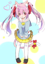 Rule 34 | 1girl, alternate hairstyle, animal ear fluff, animal ears, azur lane, bell, black footwear, blue shirt, cat ears, commentary request, full body, heart, jingle bell, kindergarten uniform, kisaragi (azur lane), open mouth, pink eyes, pink hair, pone, ribbon, shirt, shoes, skirt, solo, tail, tail bell, tail ornament, tail ribbon, thighhighs, twintails, white thighhighs, yellow skirt