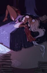 Rule 34 | 1girl, absurdres, alternate costume, anklet, bare shoulders, bed, book, book stack, breasts, collarbone, curtains, diana (league of legends), facial mark, forehead mark, grey eyes, grey hair, highres, jewelry, knees up, large breasts, lavenderarts, league of legends, long hair, looking at viewer, lying, on back, open book, paper, see-through, solo, teeth