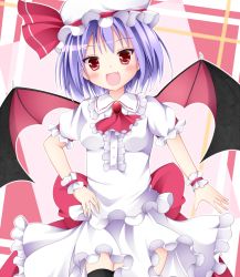 Rule 34 | 1girl, bad id, bad pixiv id, bat wings, blue hair, fang, female focus, hat, maccha, open mouth, red eyes, remilia scarlet, short hair, smile, solo, touhou, wings