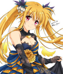 Rule 34 | 1girl, bare shoulders, blonde hair, breasts, cleavage, detached sleeves, fate testarossa, highres, looking at viewer, lyrical nanoha, mahou shoujo lyrical nanoha, medium breasts, red eyes, san-pon, simple background, smile, solo, twintails