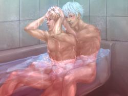 Rule 34 | 2boys, abs, bath, bathroom, character request, erection, eslicho (sho chan), male focus, multiple boys, muscular, nude, pectorals, penis, same-sex bathing, shared bathing, shower, soap, water, wet, yaoi