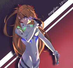 Rule 34 | 1girl, artist request, bodysuit, breasts, evangelion: 3.0+1.0 thrice upon a time, eyepatch, unworn eyepatch, glowing, glowing eyes, highres, interface headset, long hair, looking at viewer, medium breasts, neon genesis evangelion, pilot suit, plugsuit, rebuild of evangelion, serious, shaded face, simple background, solo, souryuu asuka langley, title, twintails, very long hair, white bodysuit, wide hips