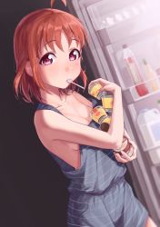 Rule 34 | 1girl, absurdres, ahoge, bad id, bad pixiv id, blue shirt, blue shorts, breasts, cleavage, food, gamjolno, highres, holding, holding food, looking at viewer, loose clothes, love live!, love live! sunshine!!, orange hair, pudding, red eyes, refrigerator, shirt, short hair, shorts, solo, striped clothes, striped shorts, striped tank top, takami chika, tank top, utensil in mouth