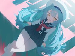Rule 34 | 1girl, blue hair, from above, highres, long hair, looking at viewer, mosou keito, neckerchief, open mouth, original, pantyhose, red neckerchief, school uniform, serafuku, sitting, skirt, solo, teeth, white pantyhose, yellow eyes